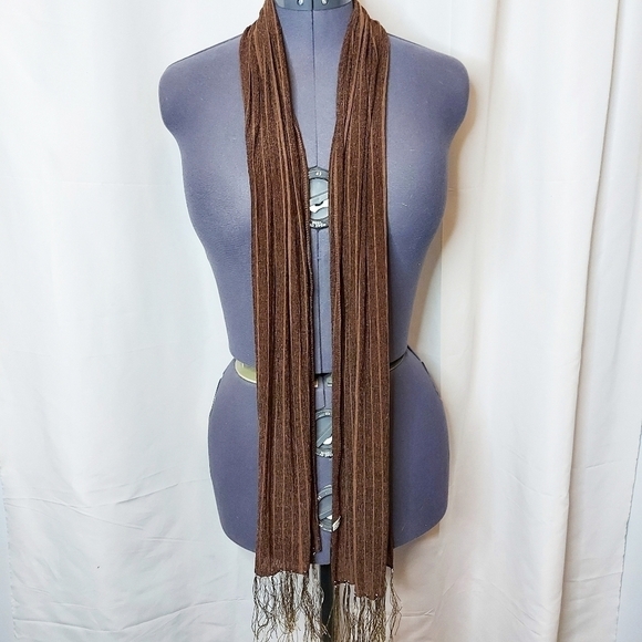 𝅺Vintage Sheer Brown Scarf With Gold Fringe 76×12" - Picture 3 of 5